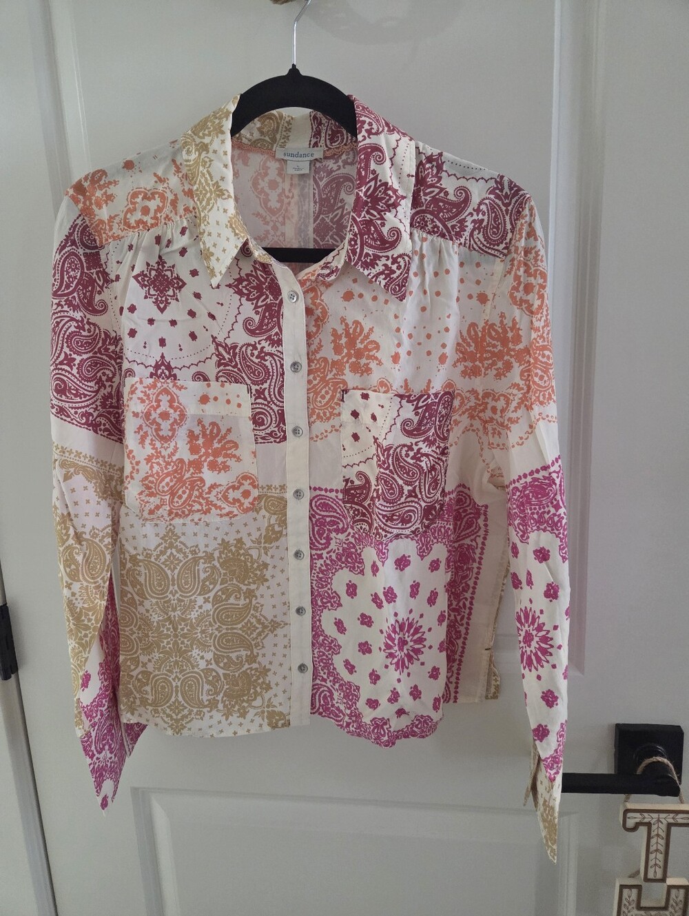 Sundance Patchwork Print Long-Sleeve Button Front Blouse - Pink/Orange/Cream